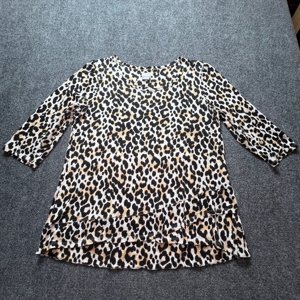 Chicos Leopard Print 3/4 Sleeve Top Ruffle Hem Size 2 L Animal Print 570334495